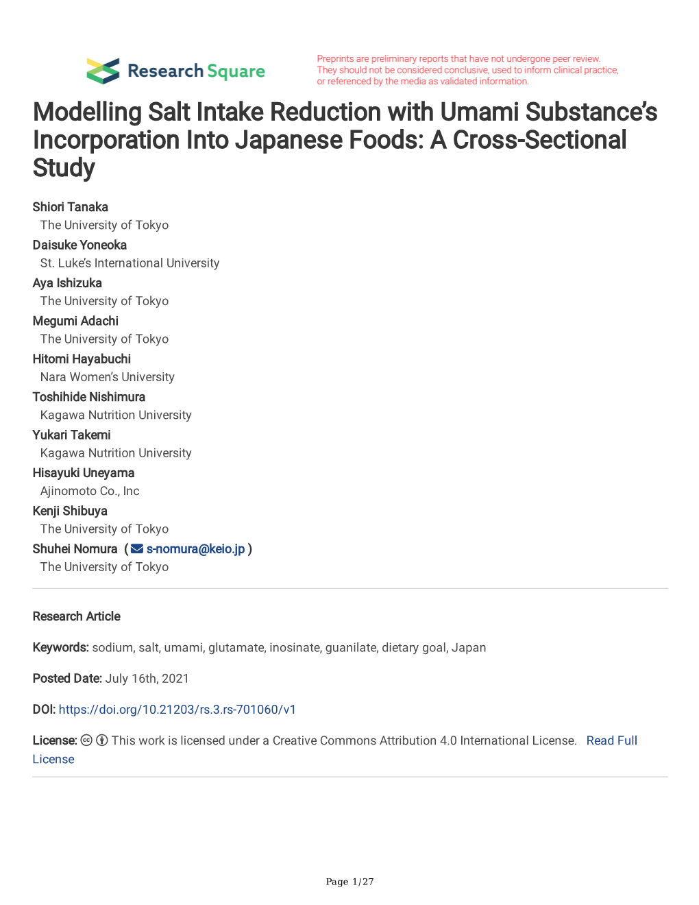 Modelling Salt Intake Reduction with Umami Substance’S Incorporation Into Japanese Foods: a Cross-Sectional Study