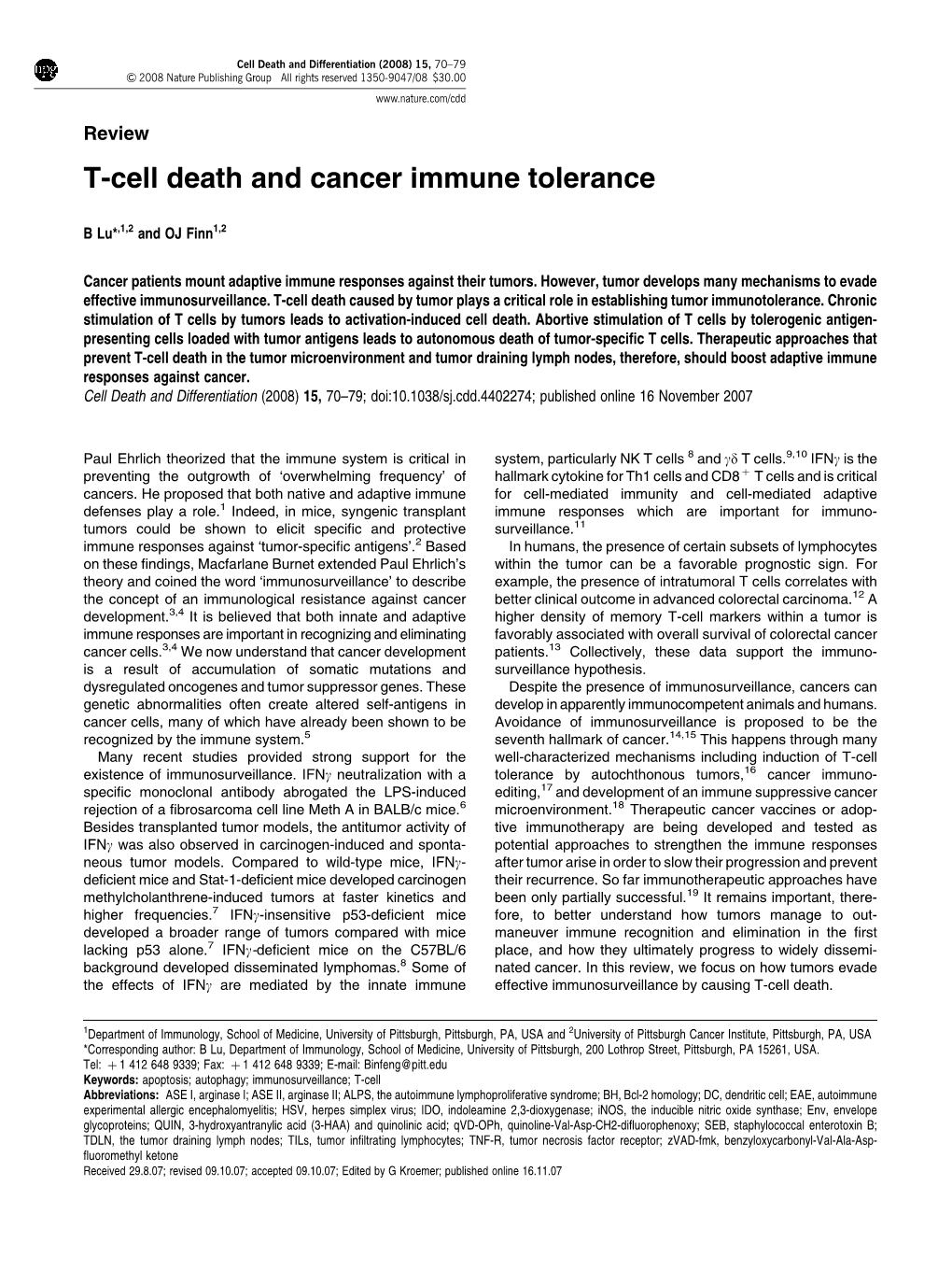 T-Cell Death and Cancer Immune Tolerance