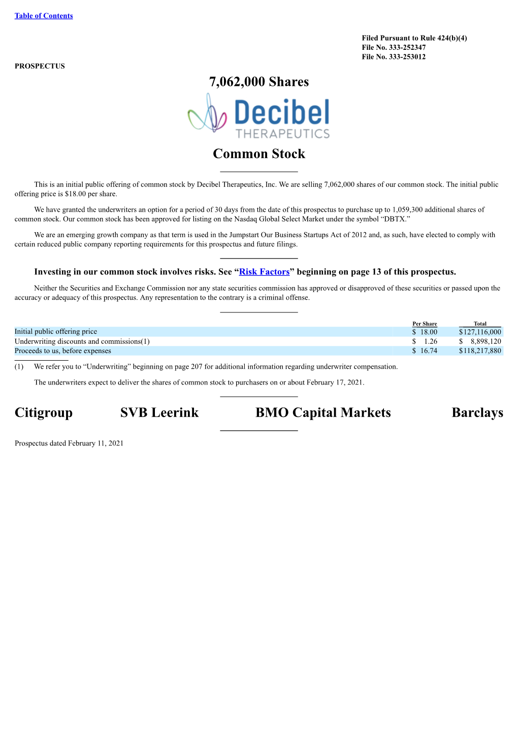 7,062,000 Shares Common Stock Citigroup SVB Leerink BMO