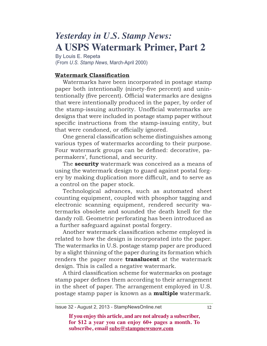 A USPS Watermark Primer, Part 2 by Louis E