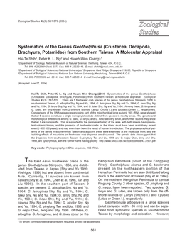 Crustacea, Decapoda, Brachyura, Potamidae) from Southern Taiwan: a Molecular Appraisal Hsi-Te Shih1, Peter K