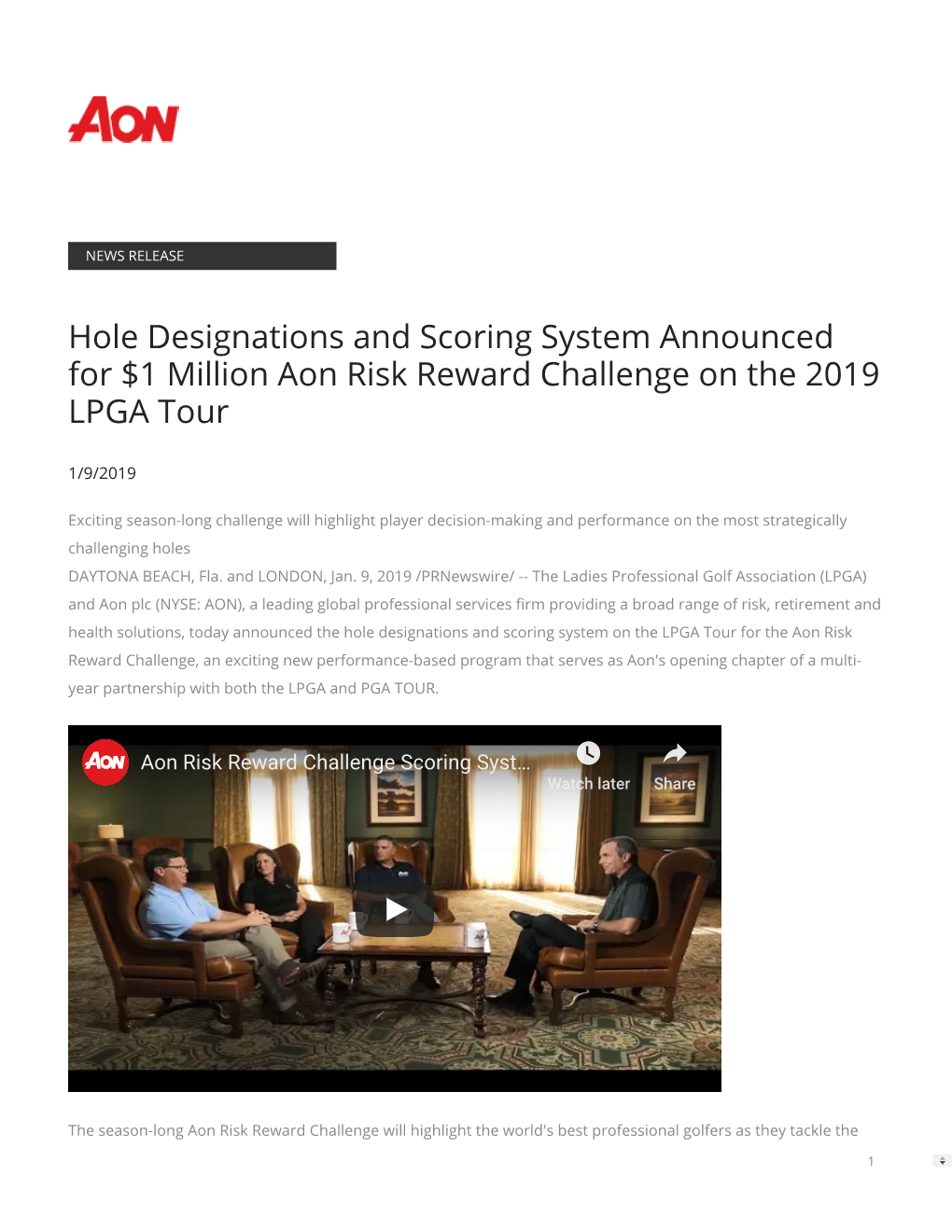 Hole Designations and Scoring System Announced for $1 Million Aon Risk Reward Challenge on the 2019 LPGA Tour