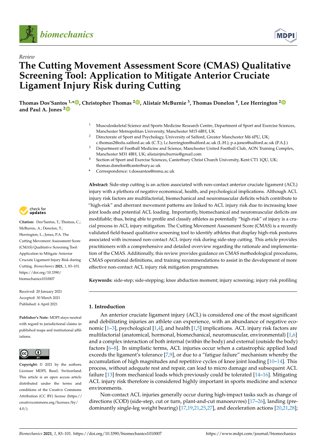 The Cutting Movement Assessment Score (CMAS) Qualitative Screening Tool