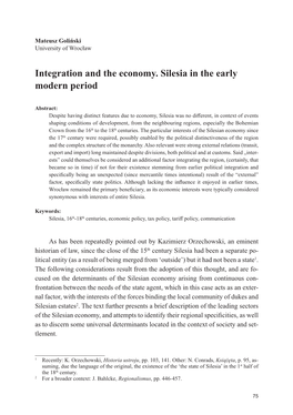 Integration and the Economy. Silesia in the Early Modern Period