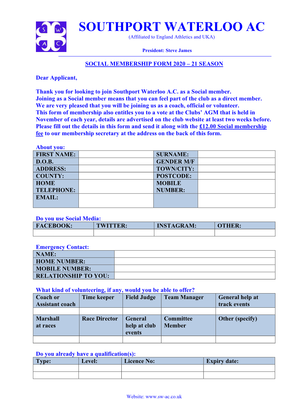 Membership Form 2020 – 21 Season