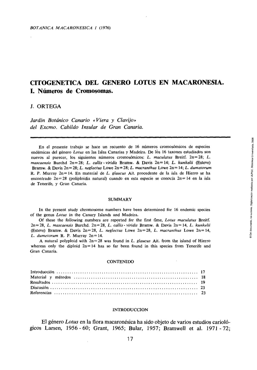 Citogenética Del Género Lotus En Macaronesia