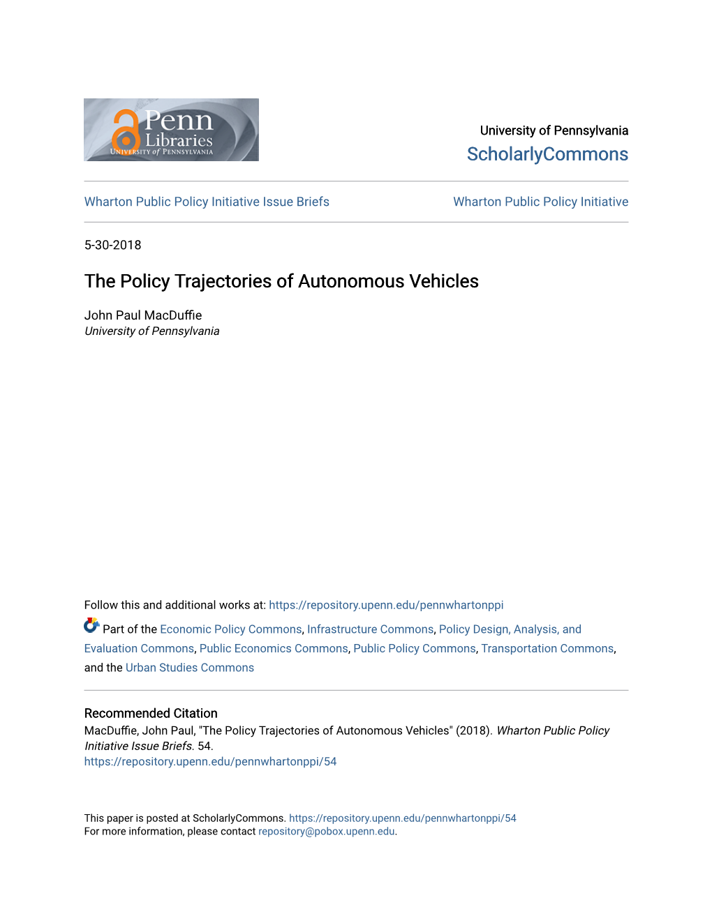 The Policy Trajectories of Autonomous Vehicles