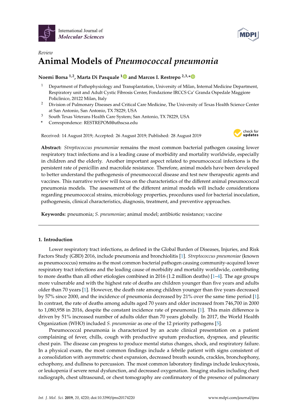 Animal Models of Pneumococcal Pneumonia