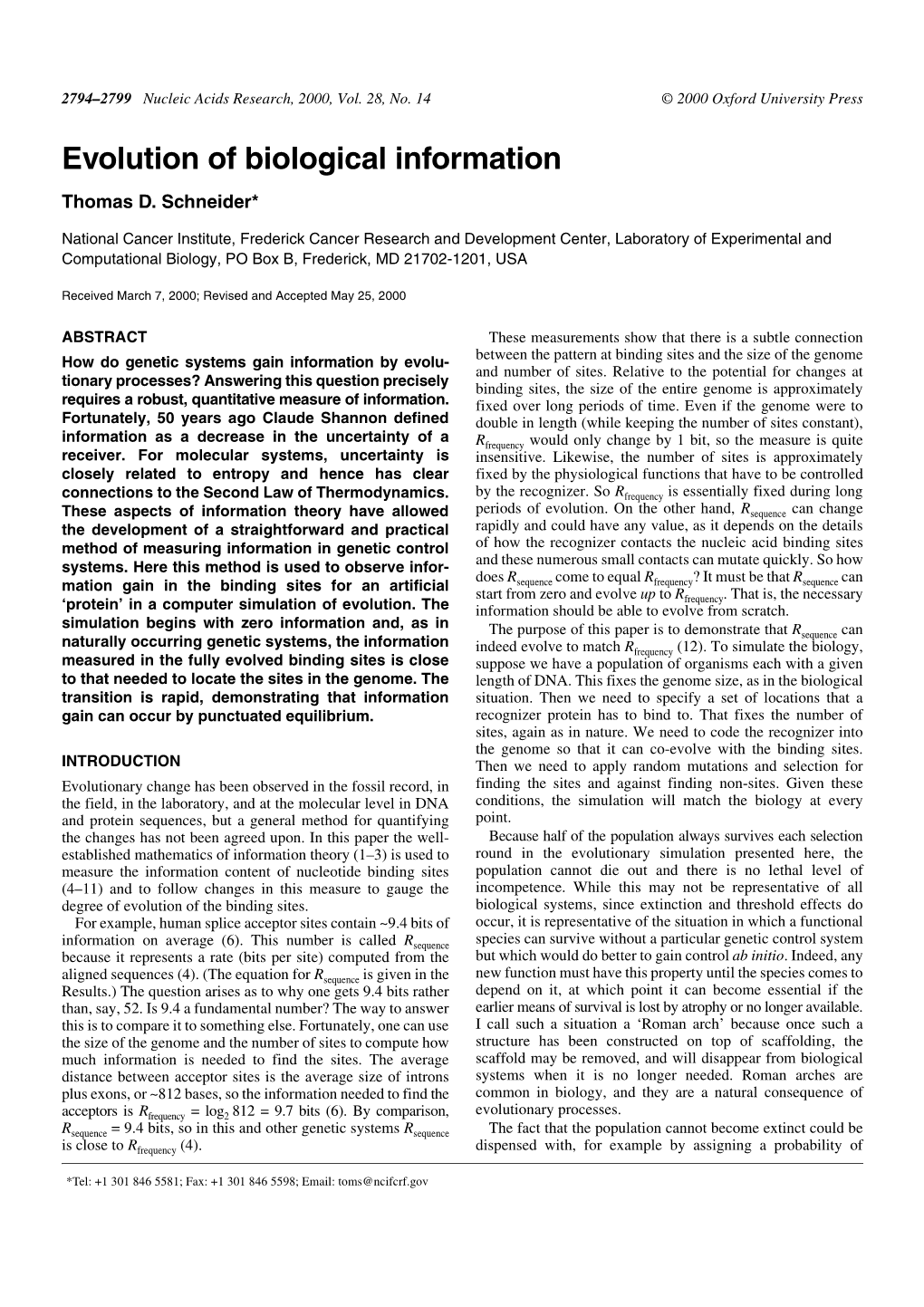 Evolution of Biological Information Thomas D