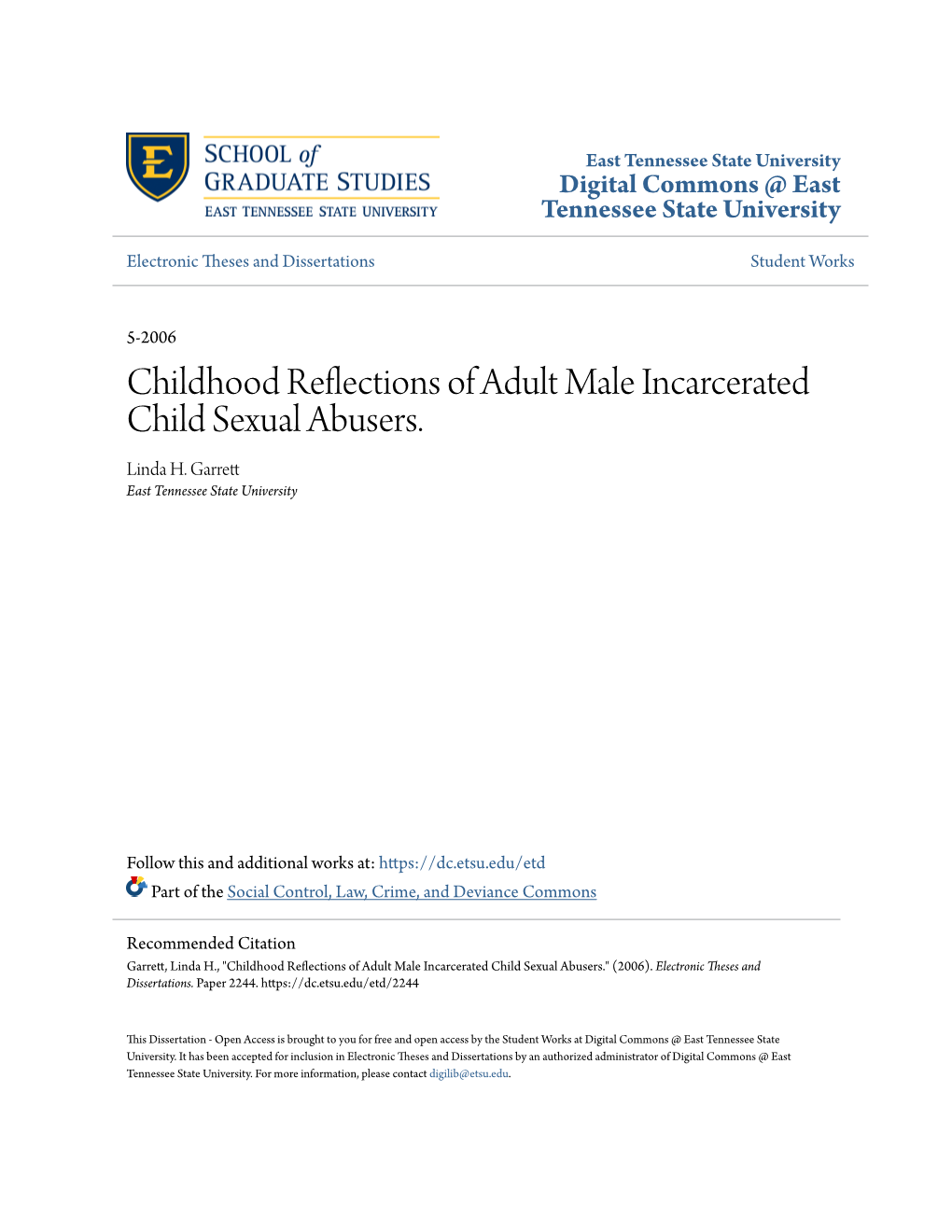 Childhood Reflections of Adult Male Incarcerated Child Sexual Abusers. Linda H