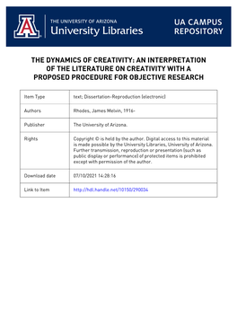 THE DYNAMICS of CREATIVITY an Interpretation of the Literature on Creativity with a Proposed Procedure for Objective Research