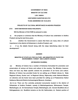 Government of India Ministry of Culture Lok Sabha Unstarred Question No.3721 to Be Answered on 19.03.2018