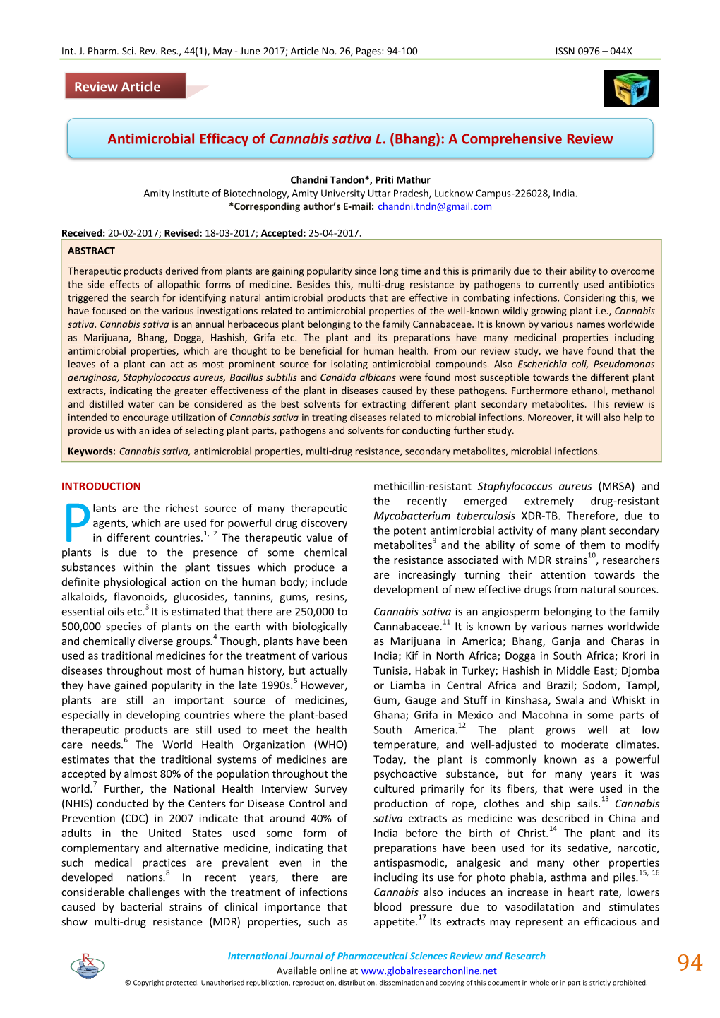 Antimicrobial Efficacy of Cannabis Sativa L. (Bhang): a Comprehensive Review