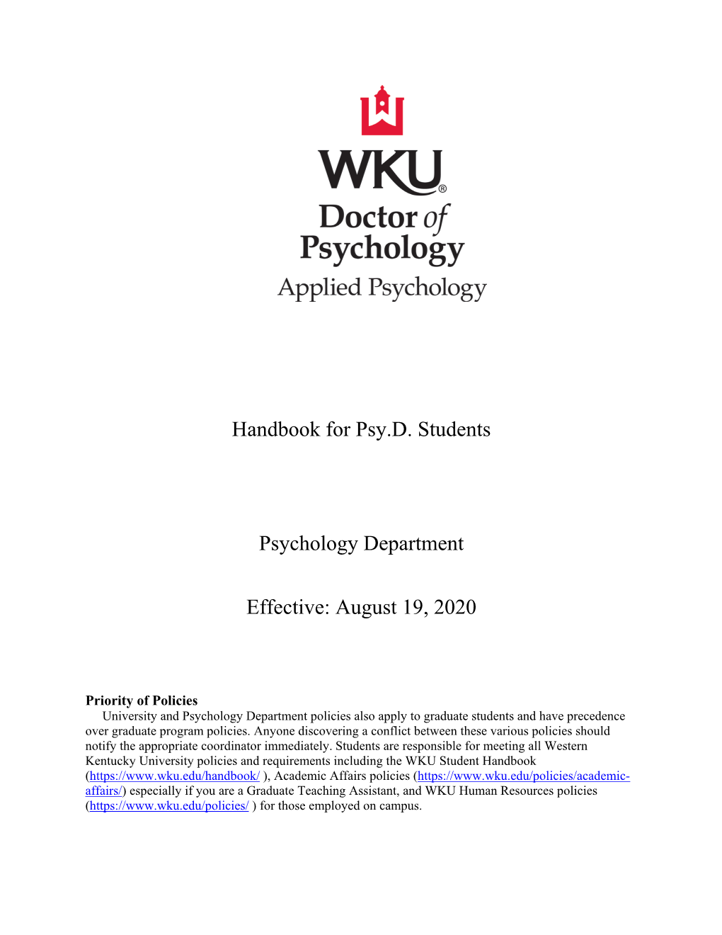 Handbook for Psy.D. Students Psychology Department Effective