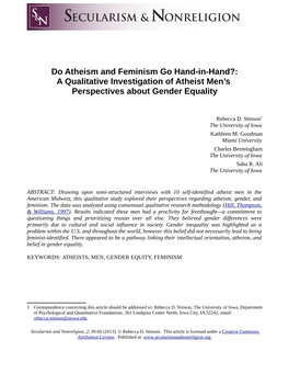 Do Atheism and Feminism Go Hand-In-Hand?: a Qualitative Investigation of Atheist Men’S Perspectives About Gender Equality