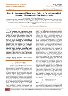 Diversity Assessment of Major Insect Orders in Parvati Aranga Bird Sanctuary District Gonda, Uttar Pradesh, India