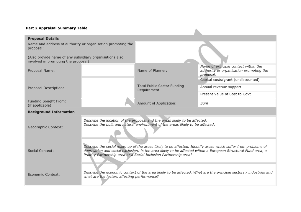 Part 2 Appraisal Summary Table