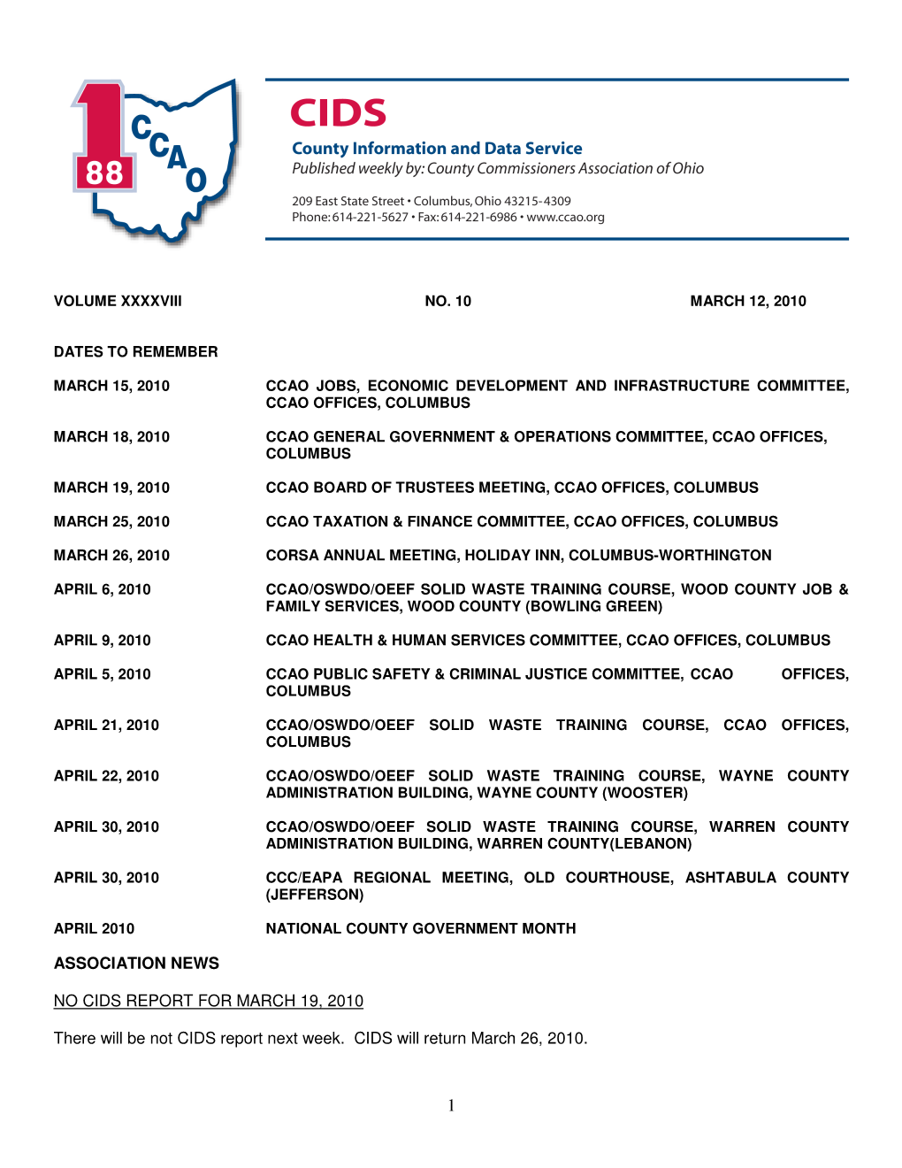 Association News No Cids Report for March 19, 2010