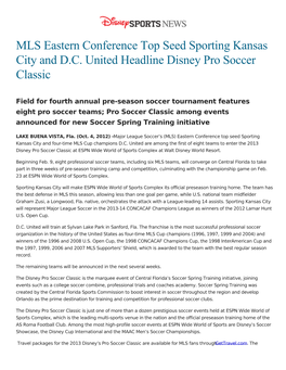 MLS Eastern Conference Top Seed Sporting Kansas City and D.C. United Headline Disney Pro Soccer Classic