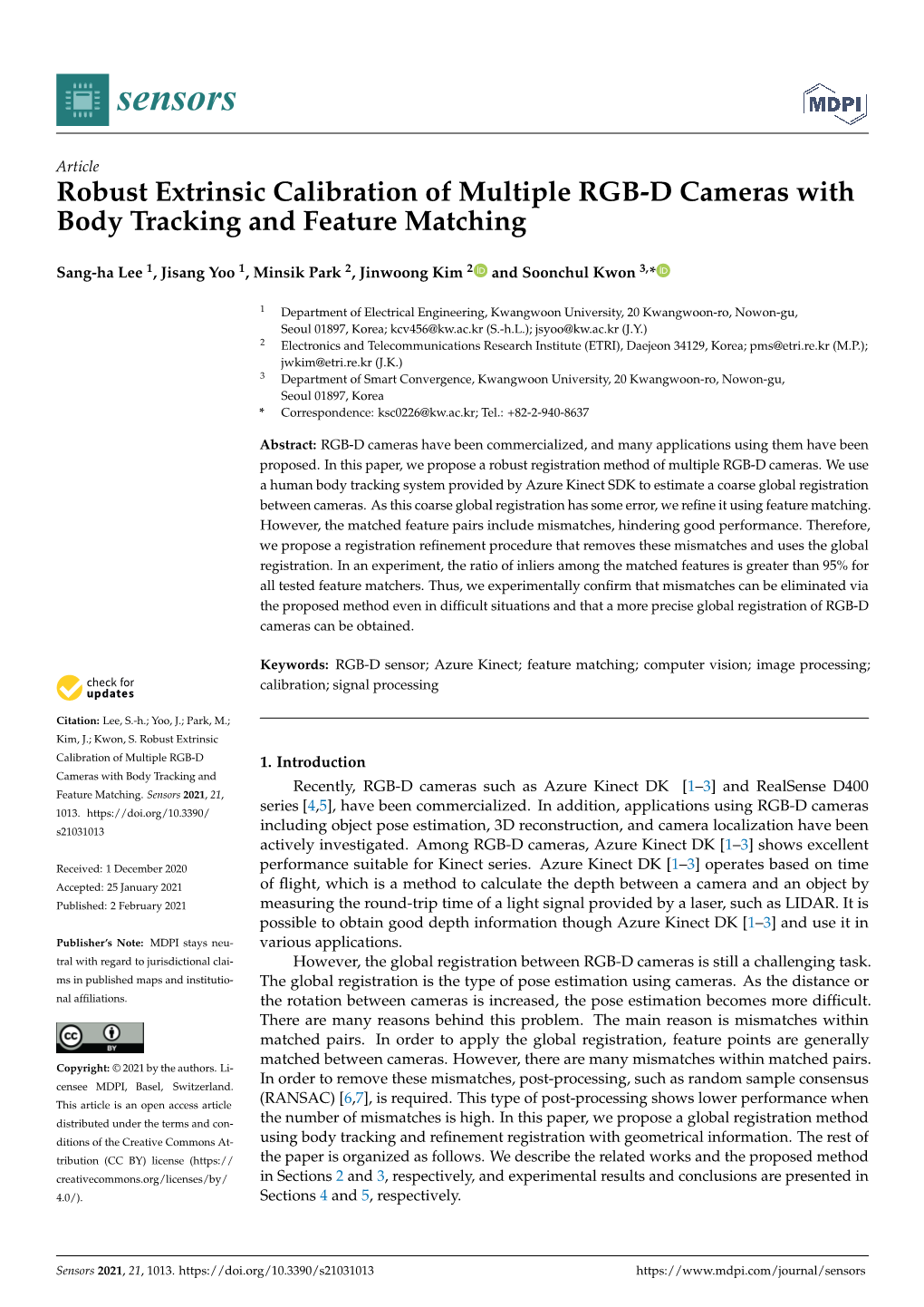 Robust Extrinsic Calibration of Multiple RGB-D Cameras with Body Tracking and Feature Matching
