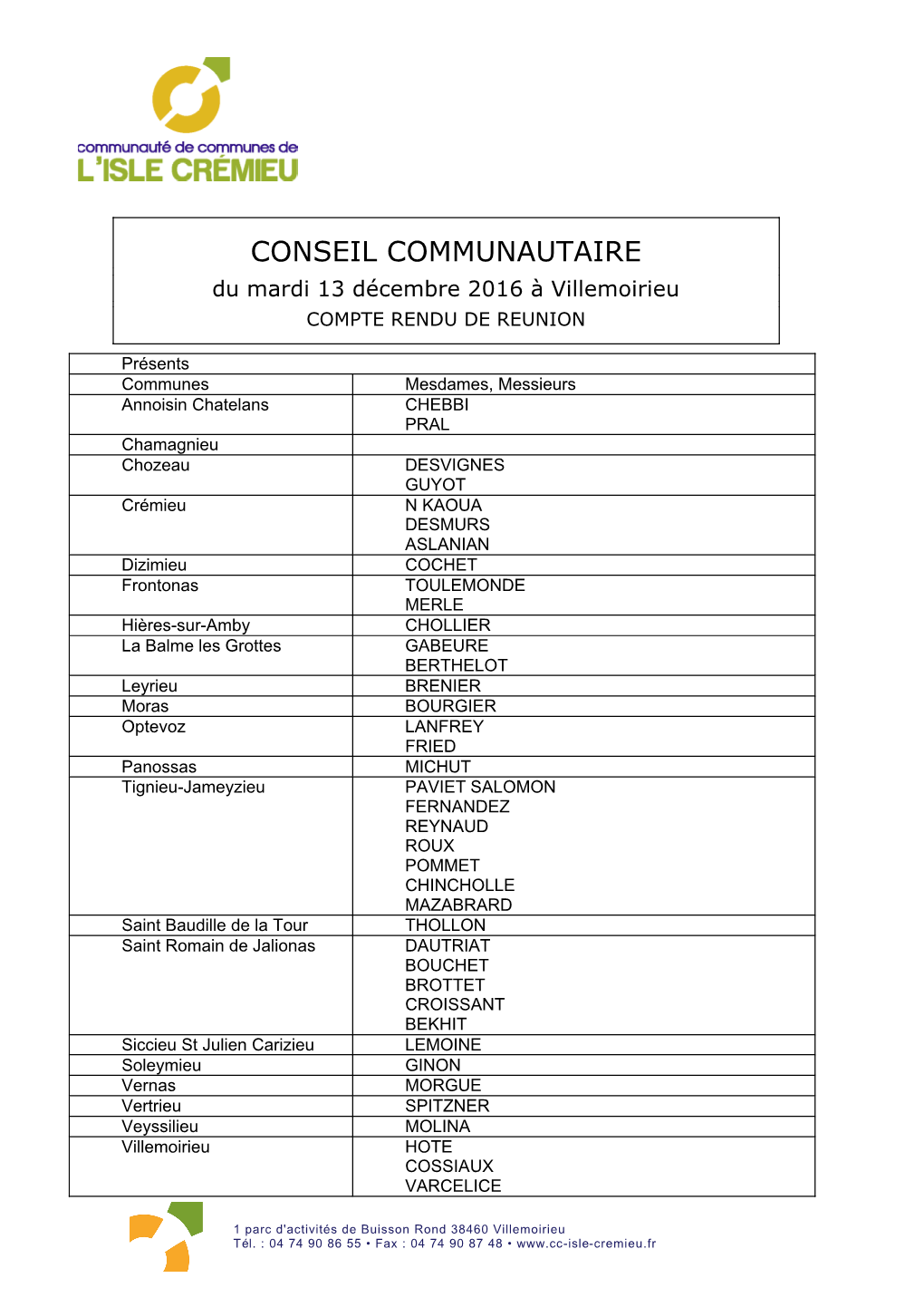 CONSEIL COMMUNAUTAIRE Du Mardi 13 Décembre 2016 À Villemoirieu COMPTE RENDU DE REUNION