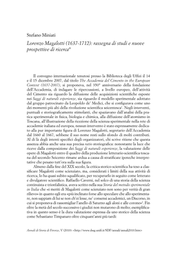 Lorenzo Magalotti (1637-1712): Rassegna Di Studi E Nuove Prospettive Di Ricerca*