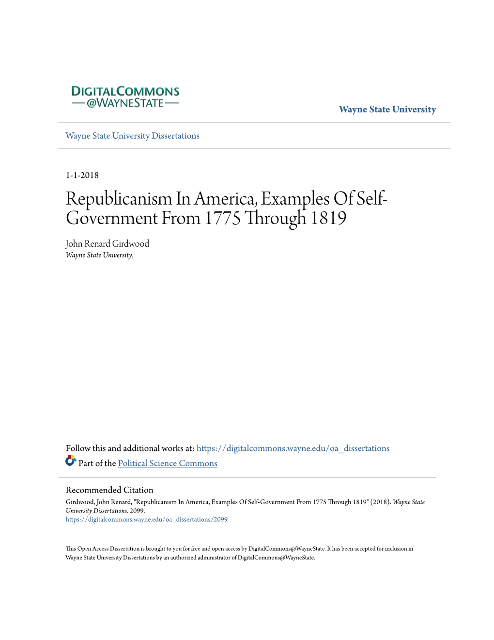 Republicanism in America, Examples of Self-Government from 1775 Through 1819" (2018)
