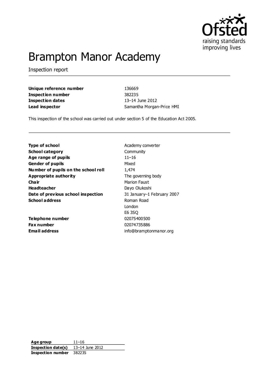 Brampton Manor Academy Inspection Report