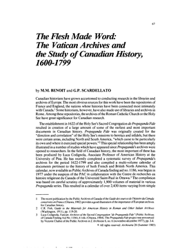 Khe Flesh Made Word the Vatican Archives and the Study of Canadian History, 1600-1799