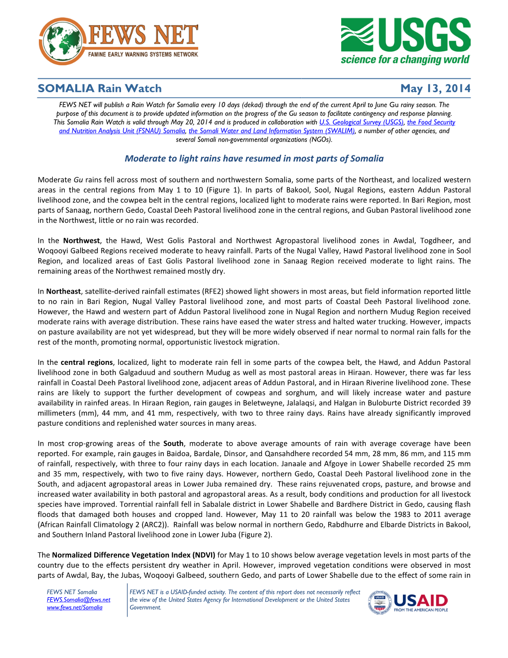 Somalia Rain Watch, May 13, 2014