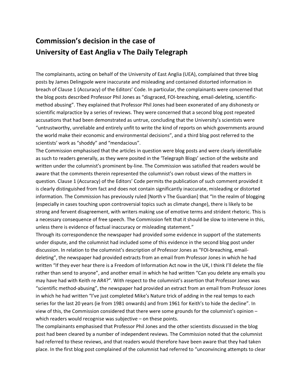 Commission's Decision in the Case of University of East Anglia V the Daily Telegraph