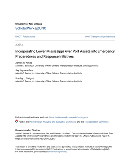Incorporating Lower Mississippi River Port Assets Into Emergency Preparedness and Response Initiatives