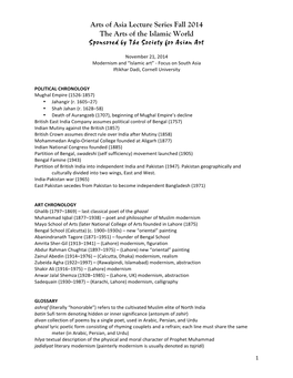 Arts of Asia Lecture Series Fall 2014 the Arts of the Islamic World Sponsored by the Society for Asian Art