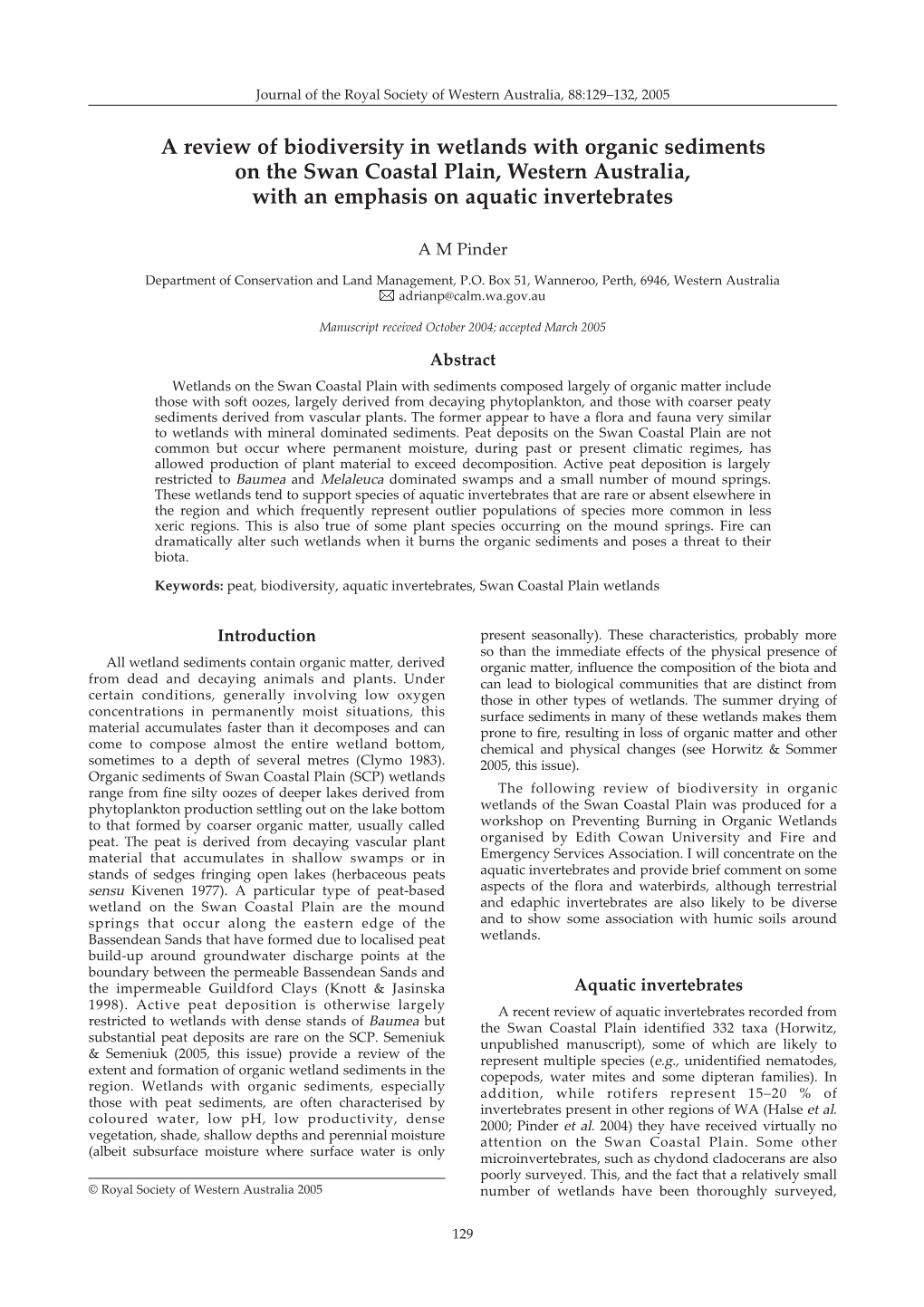 A Review of Biodiversity in Wetlands with Organic Sediments on the Swan