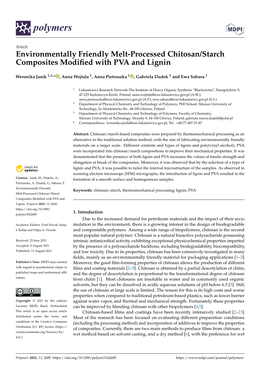 Environmentally Friendly Melt-Processed Chitosan/Starch Composites Modiﬁed with PVA and Lignin