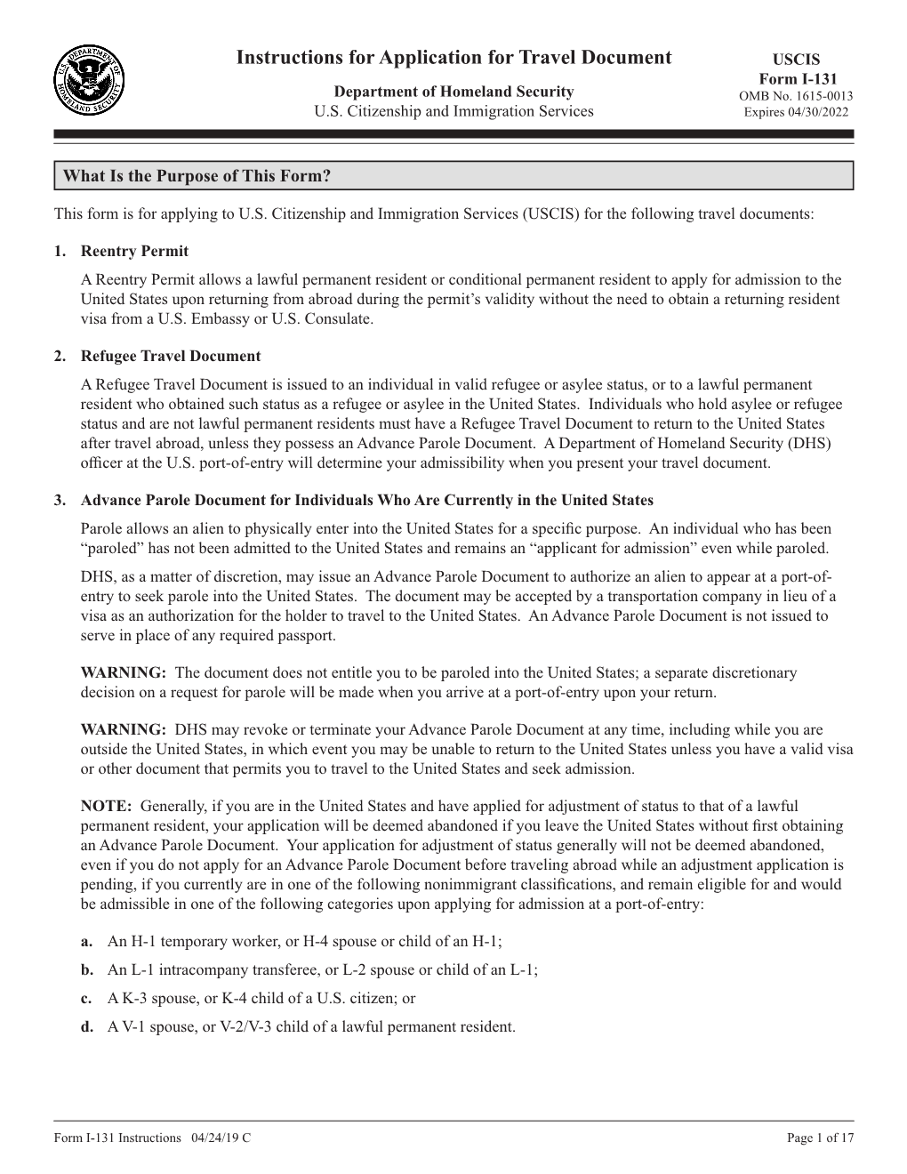 Instructions for Application for Travel Document, Form I-131