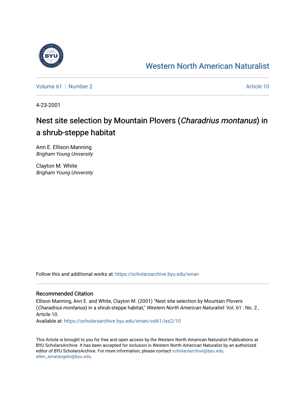 Nest Site Selection by Mountain Plovers (Charadrius Montanus) in a Shrub-Steppe Habitat