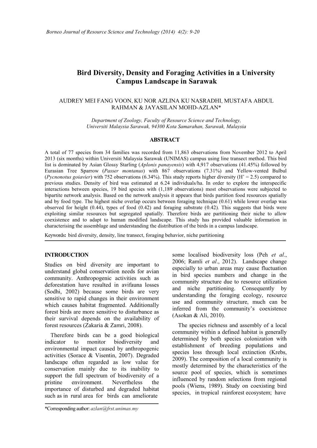 Bird Diversity, Density and Foraging Activities in a University Campus Landscape in Sarawak