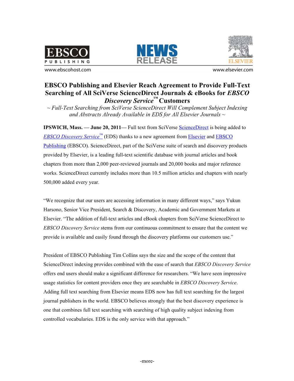 EBSCO Publishing and Elsevier Reach Agreement to Provide Full