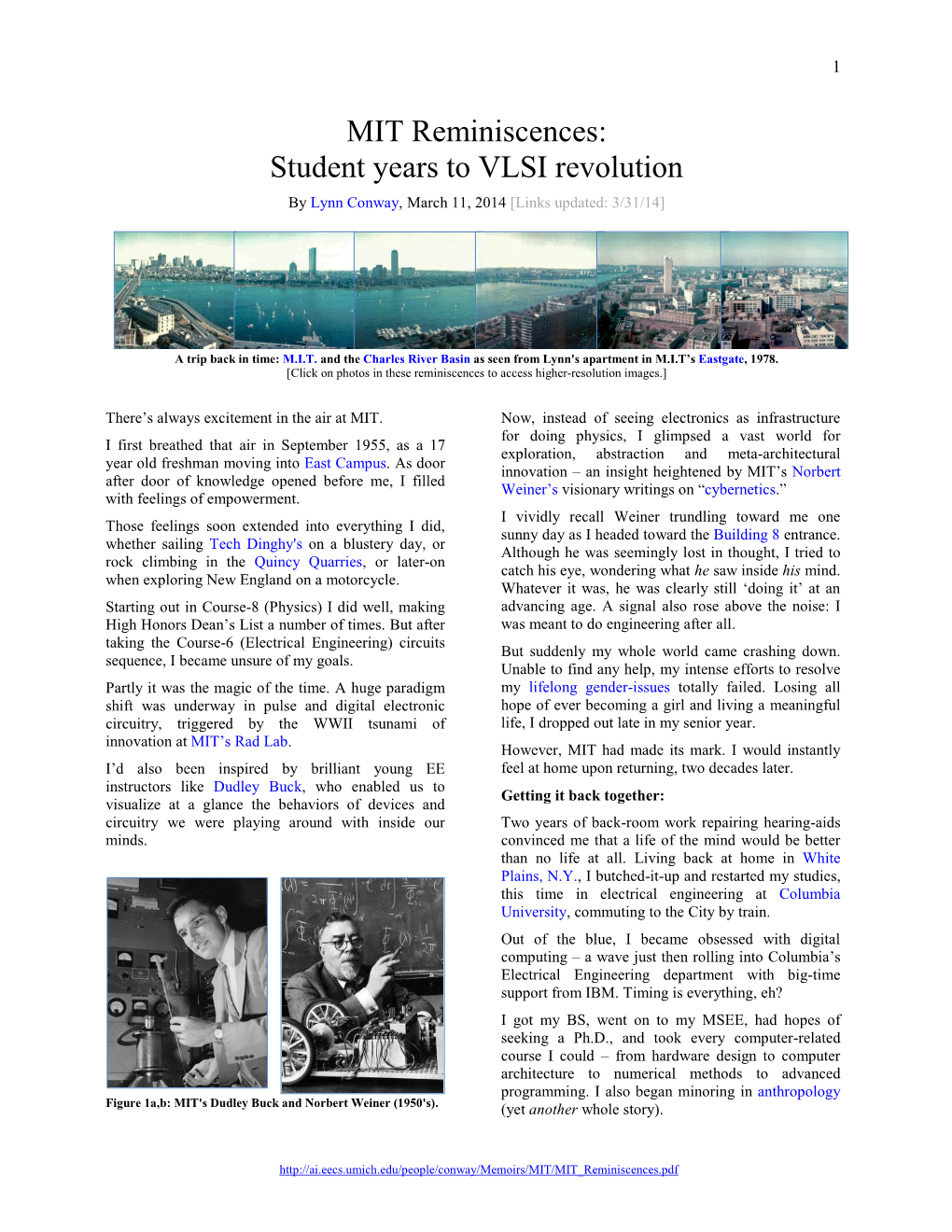 MIT Reminiscences: Student Years to VLSI Revolution by Lynn Conway, March 11, 2014 [Links Updated: 3/31/14]