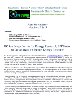 UC San Diego Center for Energy Research, Lppfusion to Collaborate on Fusion Energy Research