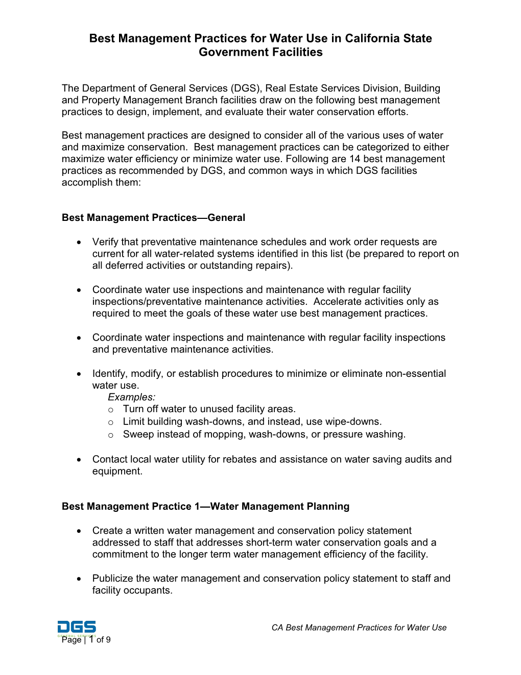 Best Management Practices for Water Use in California State Government Facilities