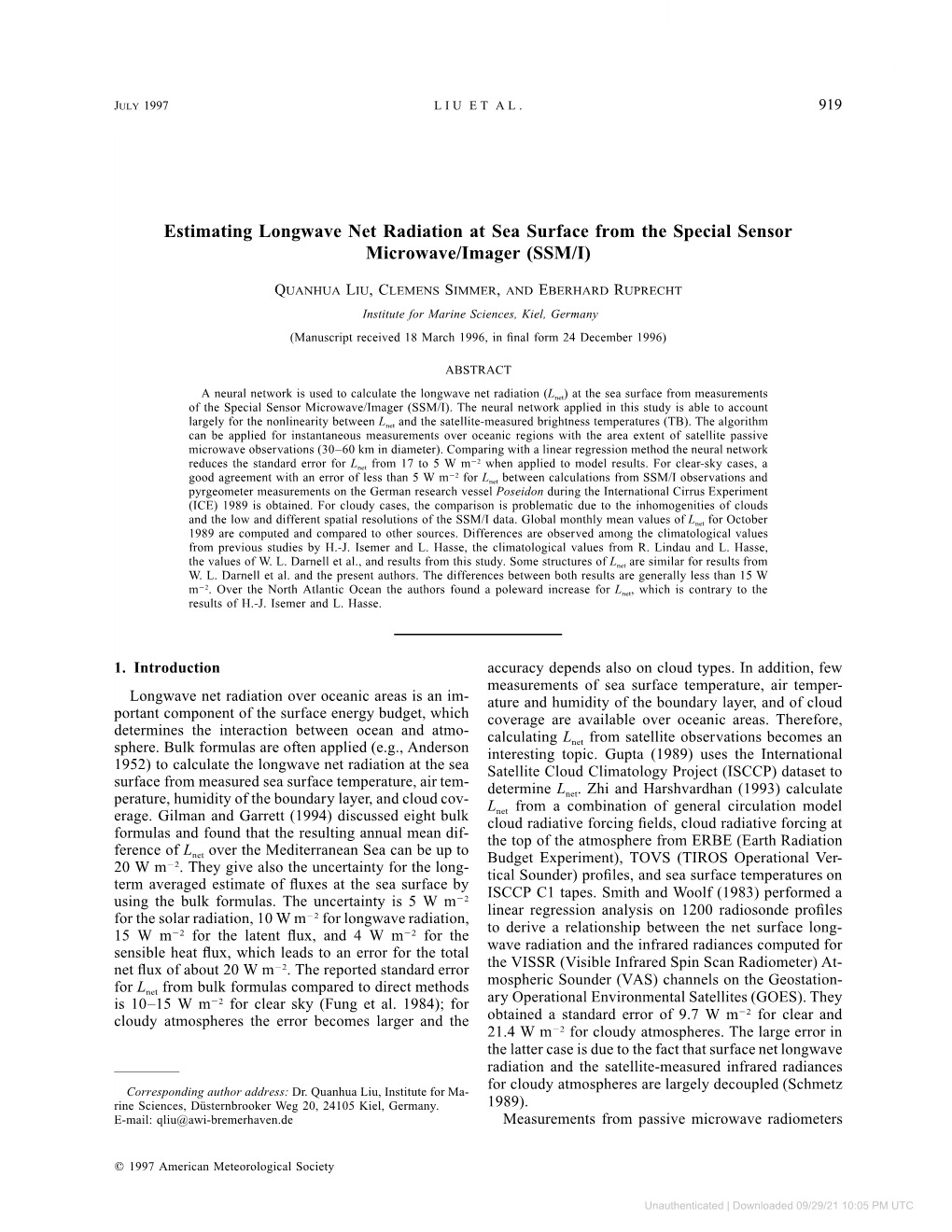 Estimating Longwave Net Radiation at Sea Surface from the Special Sensor Microwave/Imager (SSM/I)