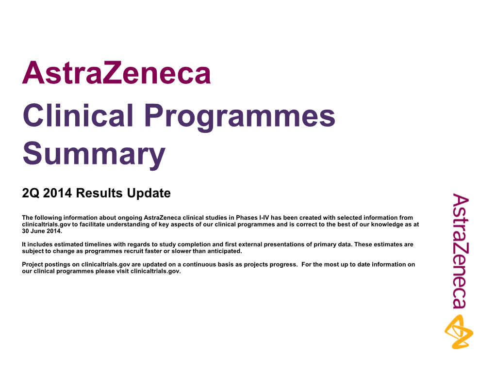 Astrazeneca Clinical Programmes Summary