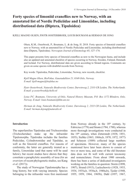 Forty Species of Limoniid Craneflies New to Norway, with an Annotated List of Nordic Pediciidae and Limoniidae, Including Distributional Data (Diptera, Tipuloidea)