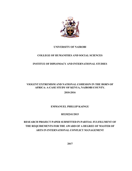 Violent Extremism and National Cohesion in the Horn of Africa: a Case Study of Kenya, Nairobi County