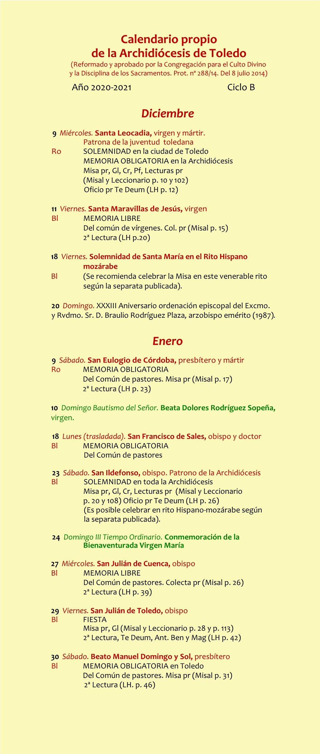 Calendario Propio De La Archidiócesis 2020-2021