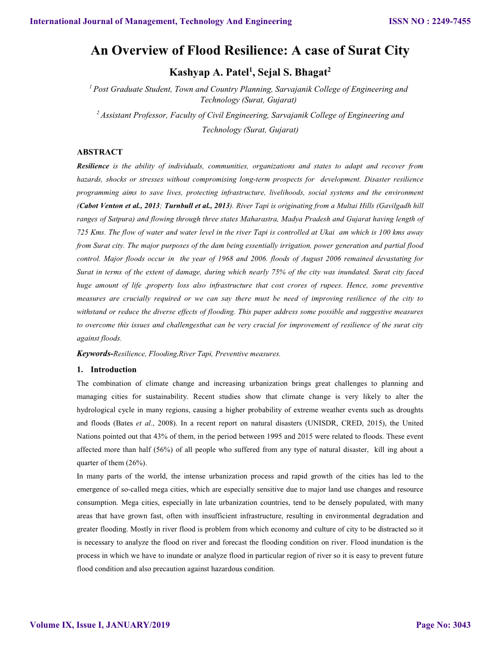 An Overview of Flood Resilience: a Case of Surat City Kashyap A