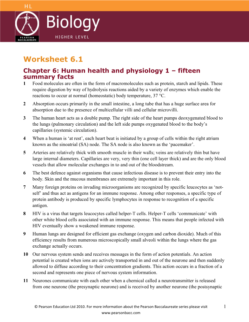 Chapter 6: Human Health and Physiology 1 Fifteen Summary Facts