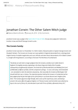 Jonathan Corwin: the Other Salem Witch Judge – History of Massachusetts Blog  MENU History of Massachusetts Blog